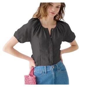 J. CREW V Back Linen Top 14 Black Button-Down Blouse Tie Neck Gathered Sleeves